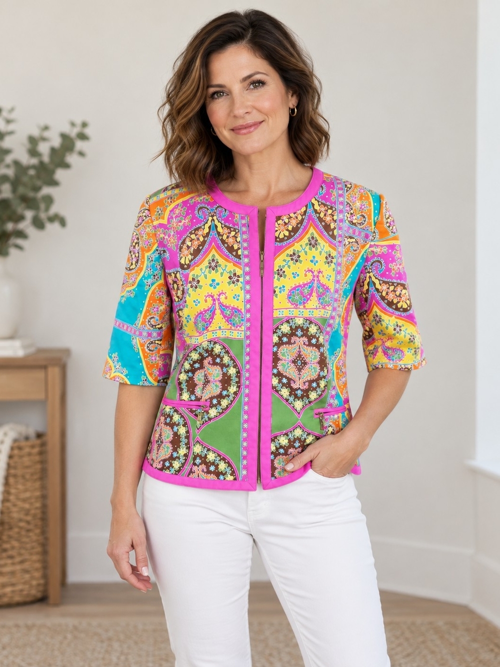 Peter Nygard Women’s Jacket Size 14 Colorful Paisley Zip Front Cotton Stretch